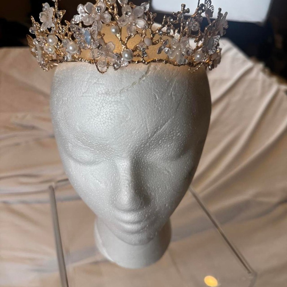 Gold Butterfly Flower Crown Tiara Pearl Crystal Fairycore Bridal Headpiece